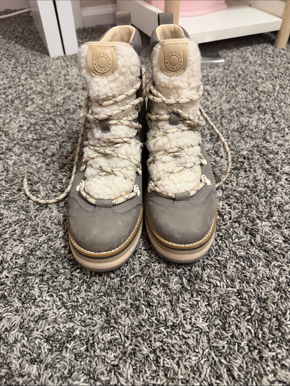 Cole Haan Grey and Cream Sherpa-Trim Lace-Up Boots